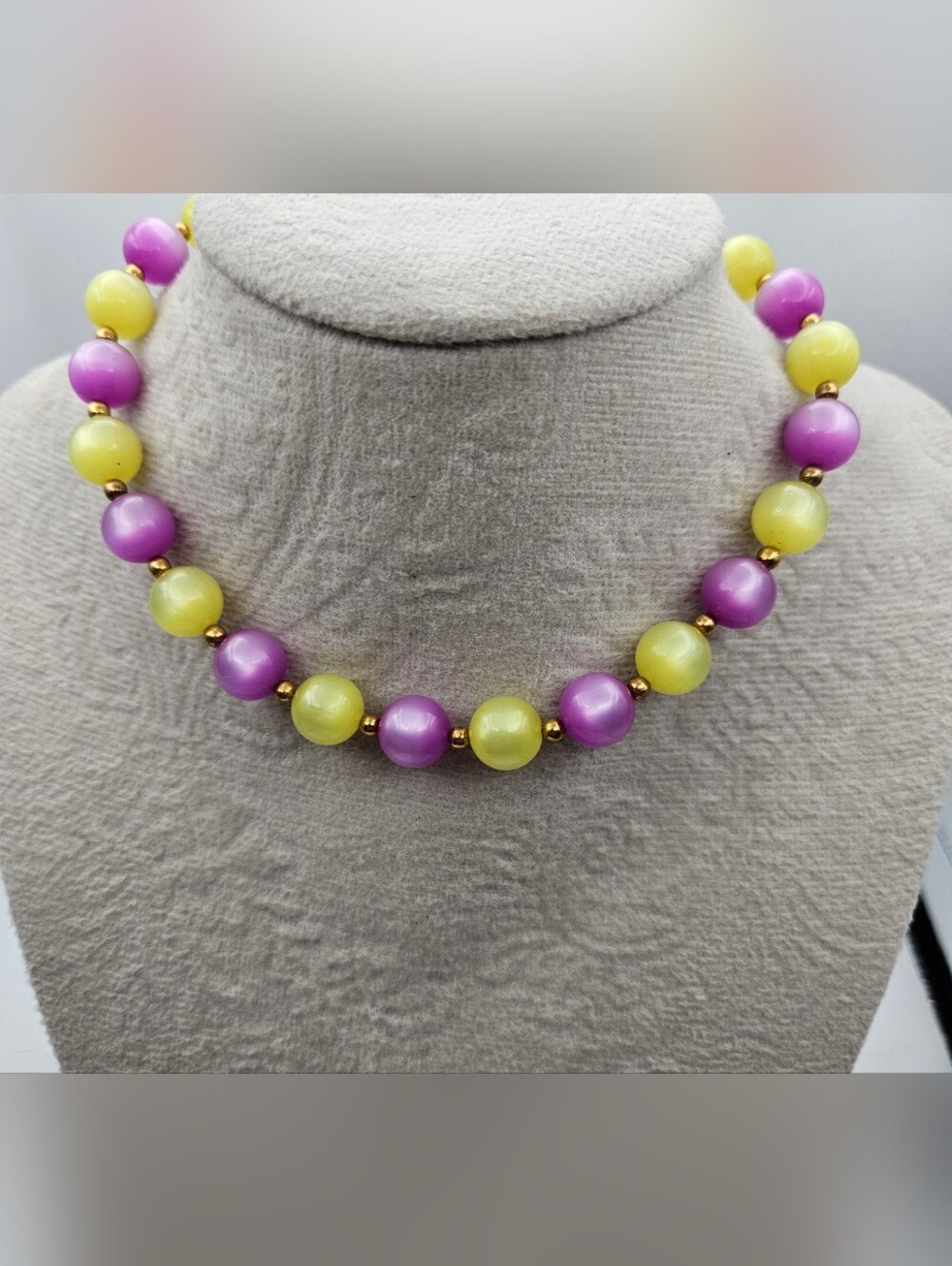 Vintage Moonglow Bead Choker Necklace Purple Yellow  Chunky Mid Century